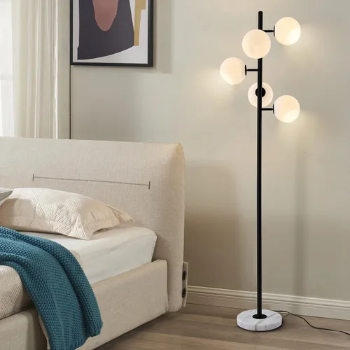 Vista 4 de KCO Lighting Five Globe - Lámpara de pie moderna de mediados de siglo, pantalla de vidrio de leche, acabado negro, base de mármol para sala de estar