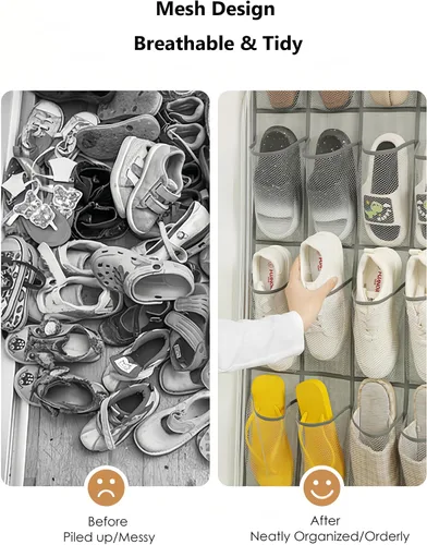 Vista 3 de Organizador de zapatos de 64 x 19 pulgadas para colocar sobre la puerta con 24 bolsillos de malla y 3 ganchos, almacenamiento plegable para zapatos