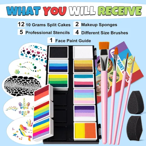 Vista 3 de Drawdart Kit profesional de pintura facial para niños y adultos, paleta de pintura facial Split Cake 12 x 10gm con plantilla, juego de pintura