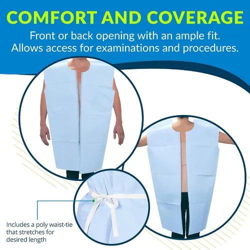 Vista 4 de TIDI Choice Gowns, azul (paquete de 50) – Tejido/poliéster/tejido – espalda abierta, lazo en la cintura, vestidos médicos de manga corta – Vestidos