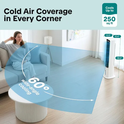 Vista 2 de SereneLife - Enfriador de aire evaporativo de torre con control remoto, tanque de 5L, 4 contenedores para hielo, 3 velocidades, enfriador silencioso