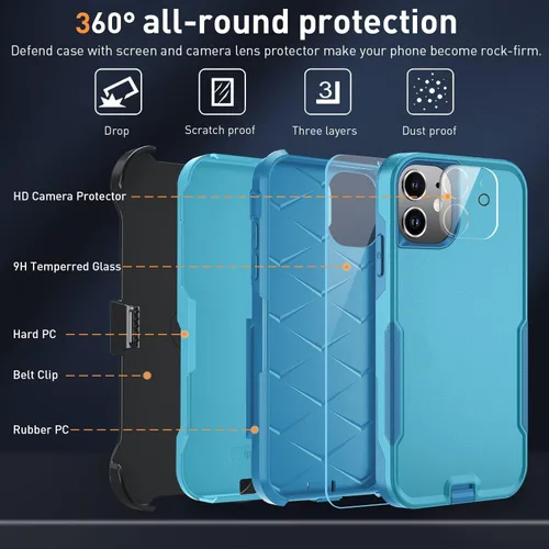 Vista 2 de Xmon Funda para iPhone 11, resistente y resistente con clip para cinturón, a prueba de golpes, protector de pantalla de vidrio templado + protector