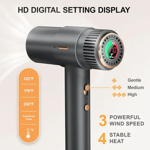 Vista 5 de Secador de pelo, secadora de alta velocidad de 110,000 RPM, secador de pelo iónico de 200 millones con pantalla HD, secador de pelo profesional