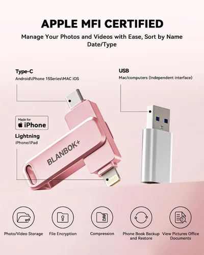 Vista 2 de Memoria USB para Fotos de iPhone de 256GB con Certificación MFi, Unidad Flash USB para Respaldo de Fotos/Videos, Memoria USB de Alta Velocidad Rosa