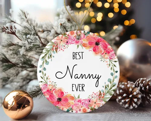 Vista 3 de Adorno de Navidad de flor de niñera, adorno de Navidad para niñera de hijo, hija, regalos de nana, adorno de Navidad impreso en ambos lados