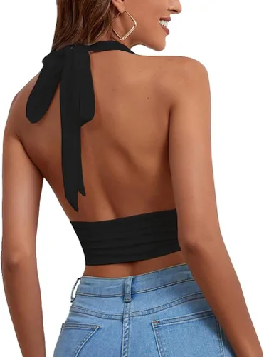 Vista 2 de Rooscier Top corto sin mangas con cuello en V profundo para mujer, espalda descubierta