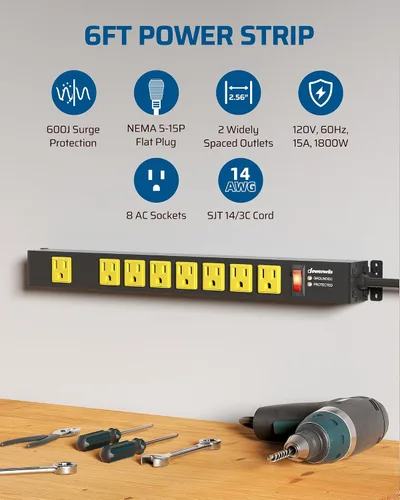 Vista 2 de DEWENWILS Regleta de alimentación larga, cable de 6 pies de ancho espaciado, certificación UL 8 tomacorrientes, SJTW 14/3C, 1875W, disyuntor 15A
