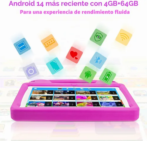 Vista 5 de Tableta para niños de 10 pulgadas, Android 15 para niños, WiFi 6, Octa-Core, 8 GB de RAM 64 GB ROM, 5000 mAh, GMS, tabletas Android con control Rosa