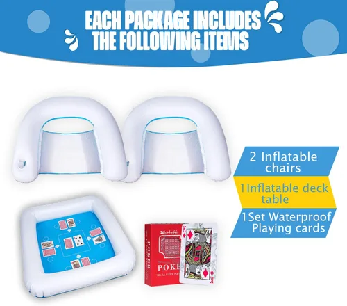 Vista 3 de ZONETECH Mesa de juego inflable y sillas con cartas de juego impermeables, mesa flotante para piscina para adultos, familia, fiesta, juego