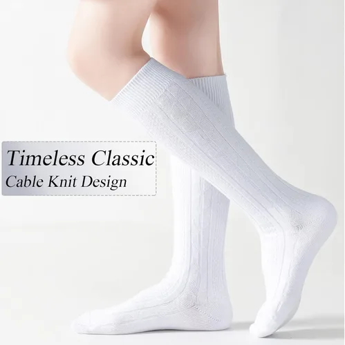Vista 4 de Calcetines altos hasta la rodilla para niñas, punto trenzado, acanalados, para uniforme escolar, paquete de 36, calcetines de tubo sin costuras