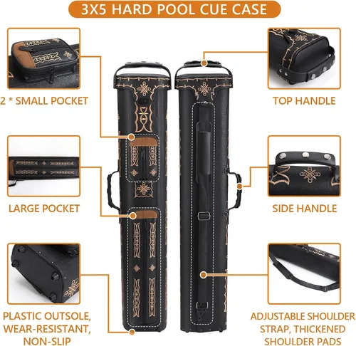 Vista 2 de 3x5 Hard Pool Cue Case 3B5S Billiard Stick Carrying Cue Case Leatherette Embroidery Design