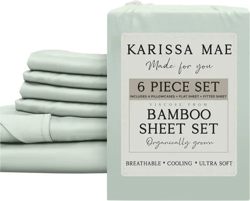 Vista 23 de KARISSA MAE Juego de sábanas de viscosa de bambú de lujo, 100% certificado FSC, refrescante, lujosamente suave, bolsillos profundos de 18 pulgadas