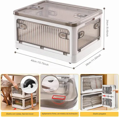 Vista 2 de DILIBRA Contenedores de almacenamiento de plástico de 28 litros con tapas, paquete de 2 contenedores apilables con ruedas y 4 puertas, cajas