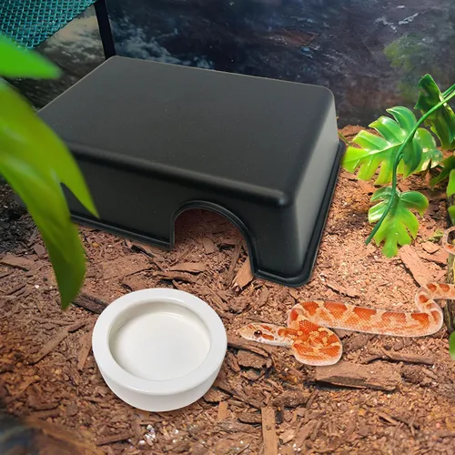Vista 5 de Hamiledyi Caja de piel de reptil, 4 piezas, leopardo, piel de gecko, escondite de reptil, escondite de cueva, bola de pitón, accesorios