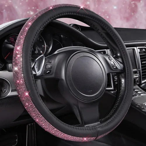 Vista 27 de CAR PASS Funda para volante de cuero beige con diamantes brillantes, cristales blancos brillantes con purpurina y pedrería, ajuste universal de 14