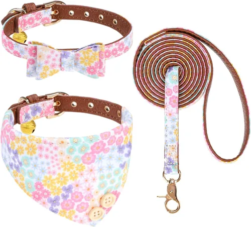 Vista 11 de KOOLTAIL Juego de collar y correa para perro pequeño con corbatín y campanas, lindo collar y correa para cachorros con patrón clásico a cuadros Beige