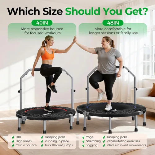 Vista 8 de BCAN SP2 - Mini trampolín plegable de 40/48 pulgadas, carga máxima de 330 libras/440 libras, rebote de fitness con mango de espuma ajustable