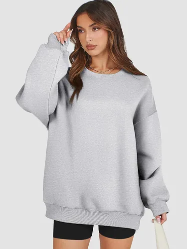 Vista 2 de ATHMILE Sudadera de gran tamaño para mujer, cuello redondo, forro polar, manga larga, sudaderas con capucha, tops de otoño, ropa de moda 2024