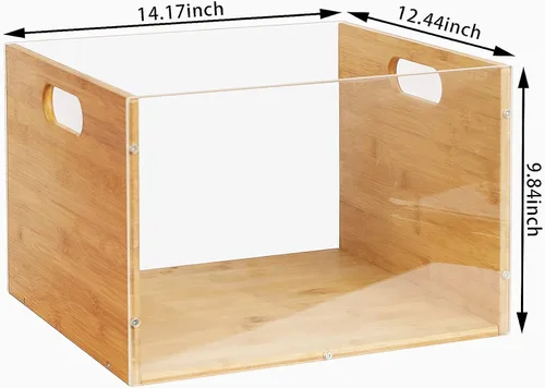 Vista 3 de Caja de almacenamiento para álbumes de discos, caja de discos de vinilo de bambú y acrílico, caja multifuncional con soporte visible para discos