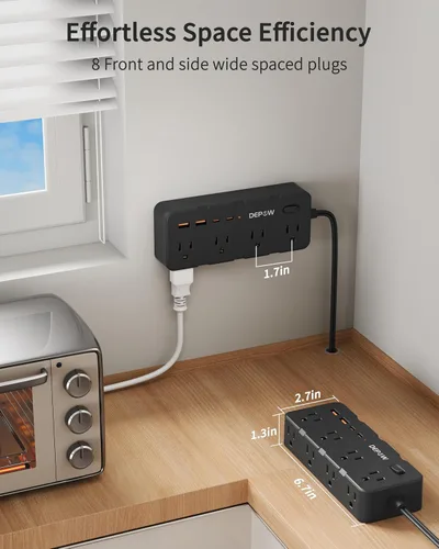 Vista 5 de DEPOW Regleta de alimentación negra de 2 puntas, adaptador de salida de 2 a 3 clavijas con 8 puertos de CA y 4 puertos USB (2 USB C), cable