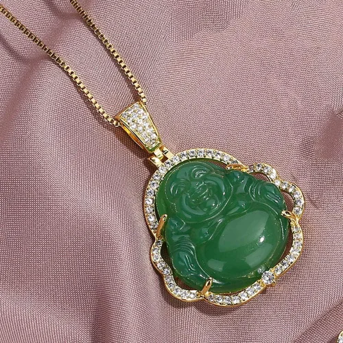 Vista 3 de Collar con dije de Buda de jade verde, collar deslumbrante con piedras de circonia cúbica y Buda que se ríe
