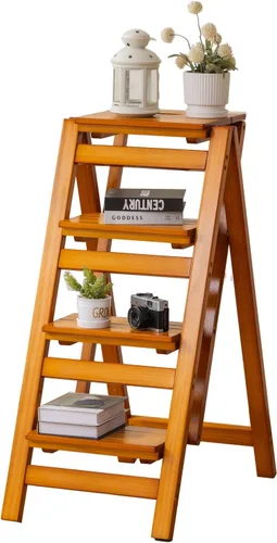 Vista 11 de Latifolia Escalera plegable de 3 escalones, taburete de bambú con protector de suelo, estante decorativo para sala de estar, cocina, jardín