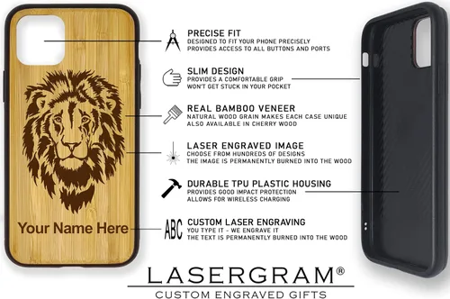 Vista 5 de Funda de madera natural compatible con iPhone, tarjetas de póquer Royal Flush y grabado personalizado incluido (bambú)