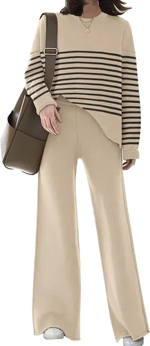 Vista 7 de ETCYY NEW Conjunto elegante de ropa de descanso para mujer, conjunto de sudadera de punto de 2 piezas con suéter y pantalones deportivos de pierna