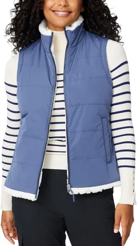 Vista 4 de Free Country Chaleco reversible acolchado de forro polar sherpa ligero con bolsillos con cremallera, chaleco de invierno para damas, aventura