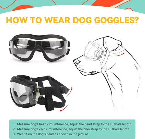 Vista 6 de Gafas de sol para perros de razas grandes, juego de 2 piezas de protección UV negra y transparente, resistente al viento para perros medianos a