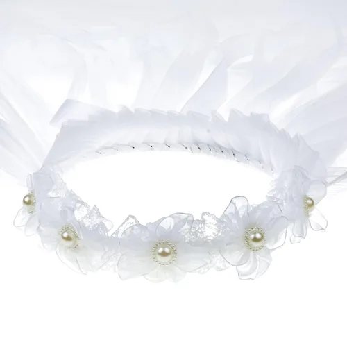 Vista 3 de Diadema de dos capas con velo de primera comunión para niñas, corona floral (perla y flor), Perla y flor