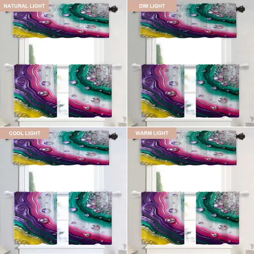 Vista 9 de Shrahala Blue Bright Blackout Curtain Tiers, Colorful Acrylic Paint Pour Abstract Design Kitchen Valance Light Blocking Tier Drapes with Rod Pocket