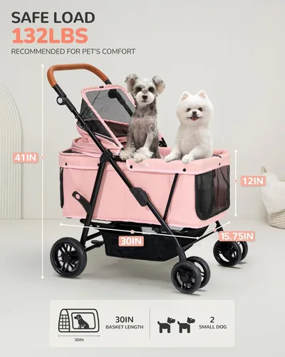 Vista 3 de Cochecito para perros grandes y medianos (20-132 libras), cochecito para mascotas para 2 perros pequeños, extra grande, resistente, plegable y Azul