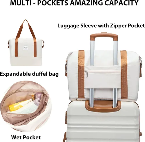 Vista 5 de LONG VACATION Juego de equipaje de 4 piezas de ABS hardshell TSA Lock Spinner Ruedas equipaje de mano en maleta, Blanco (White-Brown), Abs Hardshell