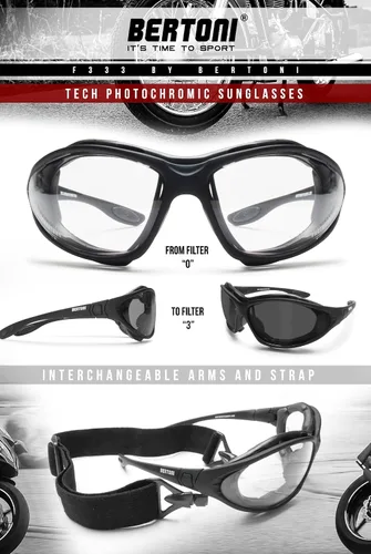 Vista 2 de Bertoni Gafas de motocicleta lente fotocrómica intercambiable brazos correa mod.333 moto sunsensor montar gafas acolchadas