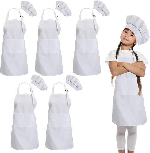 Vista 9 de Paquete de 2 delantales para niños, correa ajustable con bolsillos, mezcla de poliéster, algodón, pintura, arte de cocina, delantales para hornear