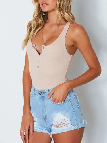 Vista 3 de Camiseta sin mangas sexy para mujer REORIA con cuello redondo y espalda cruzada, con botones