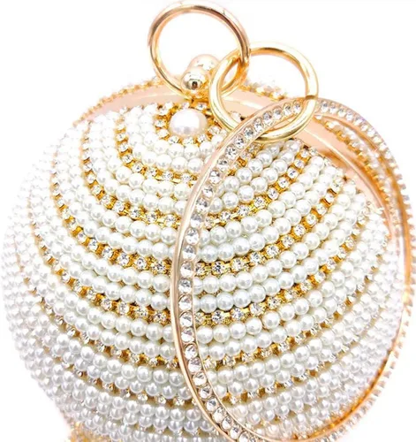 Vista 3 de QZUnique Bolso de mano redondo con borla de cristal y perlas asa redonda para boda bolso de hombro