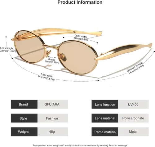 Vista 5 de Lentes de sol ovalados retro para mujeres y hombres, tonos clásicos de los años 90 con protección UV400, marco de metal dorado
