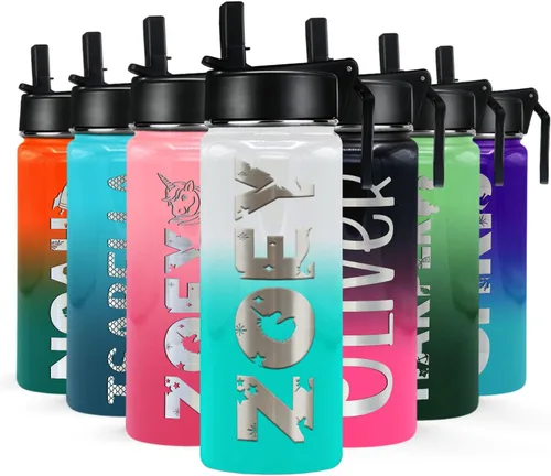Vista 25 de Botella de agua personalizada para niños con tapa de popote en azul aguamarina degradado para la escuela, nombre personalizado para niños, 18 onzas