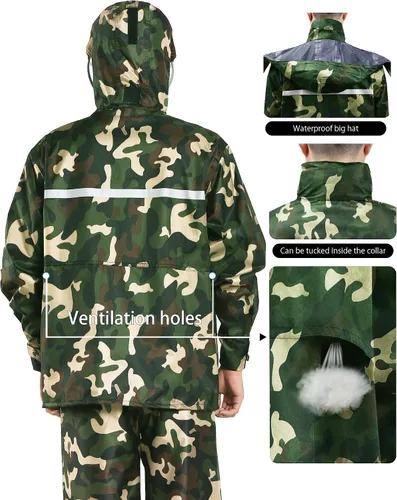 Vista 5 de iCreek Traje de lluvia impermeable Hi Vis impermeable reflectante lluvia verde militar (army green camouflage)