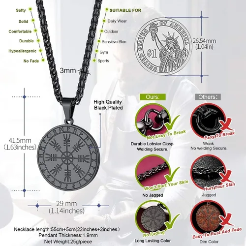Vista 3 de FaithHeart Viking Thor's Hammer Talismán Collar para hombre, colgante de amuleto nórdico vintage de Mjolnir con cadena de trigo resistente, joyería