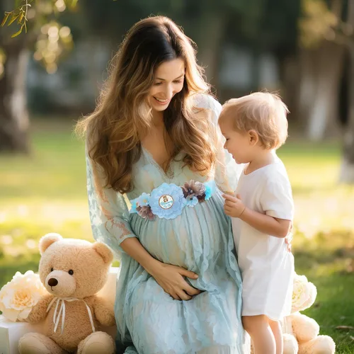 Vista 6 de Vansolinne Oso de peluche azul para maternidad, banda para mamá para ser y papá para ser ramillete, juego de alfileres para oso baby shower