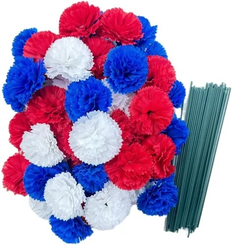 Vista 2 de Rikyo Juego de 50 cabezas de flores de clavel de seda artificial con tallos, rellenos de jarrón, cabezas de flores de caléndula para decoración