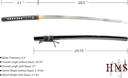 Vista 4 de HMS Espada Katana Samurai Japonesa Finely finished blades in 1045, 1095 or Damascus steel for dojo practice and display; includes protective sword