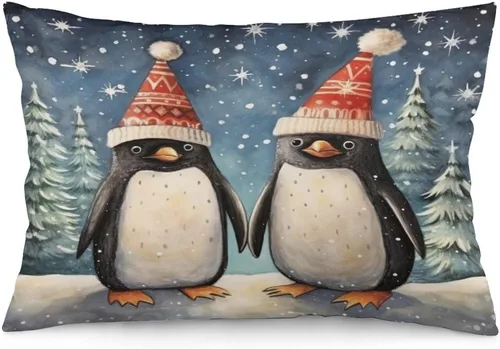 Vista 9 de Fundas de almohada con diseño de pingüinos de Navidad de 12 x 20 pulgadas, diseño de pingüinos en acuarela de Navidad, fundas de almohada