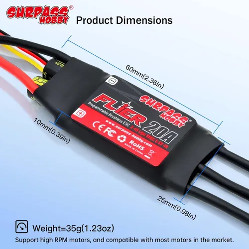 Vista 7 de Surpass 20A ESC sin escobillas 5.5V/4A BEC, XT60 y enchufe de 0.1 in para RC de ala fija