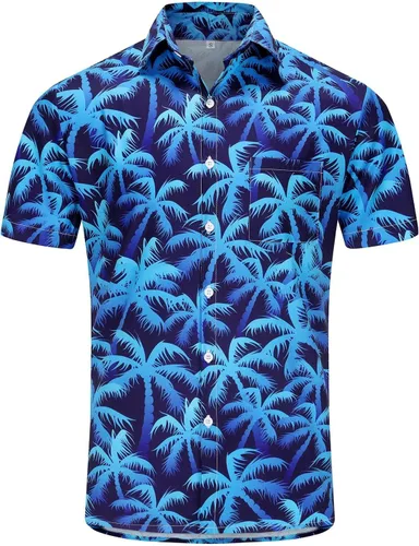 Vista 180 de KYKU - Camisa hawaiana funky para hombre, ropa tropical para vacaciones en Palm Beach