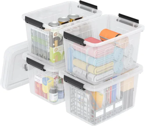 Vista 7 de Caja de plástico de 20 litros, cajas transparentes con tapa con asas negras, juego de 4