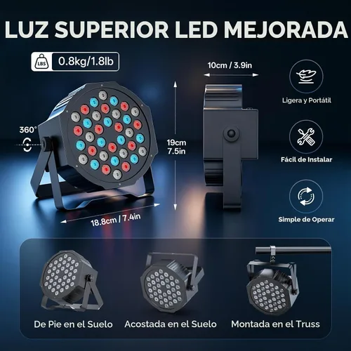 Vista 7 de U`King - Luces LED Par para DJ, luz de escenario con cable, RGB, 36 LED con control activado por sonido, iluminación de escenario para DJ, para 2